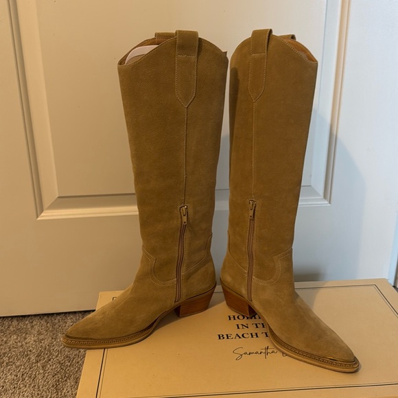 Grace Gift X Samantha Lin Leather V-Cut Western Block Heel Long Boots Beige 23.5 - Picture 13 of 16